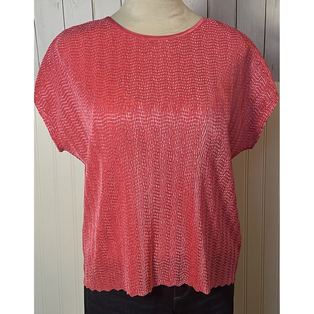 Tanjay Women’s Petite Blouse Textured Stretch Short Sleeve Pink Petite Medium